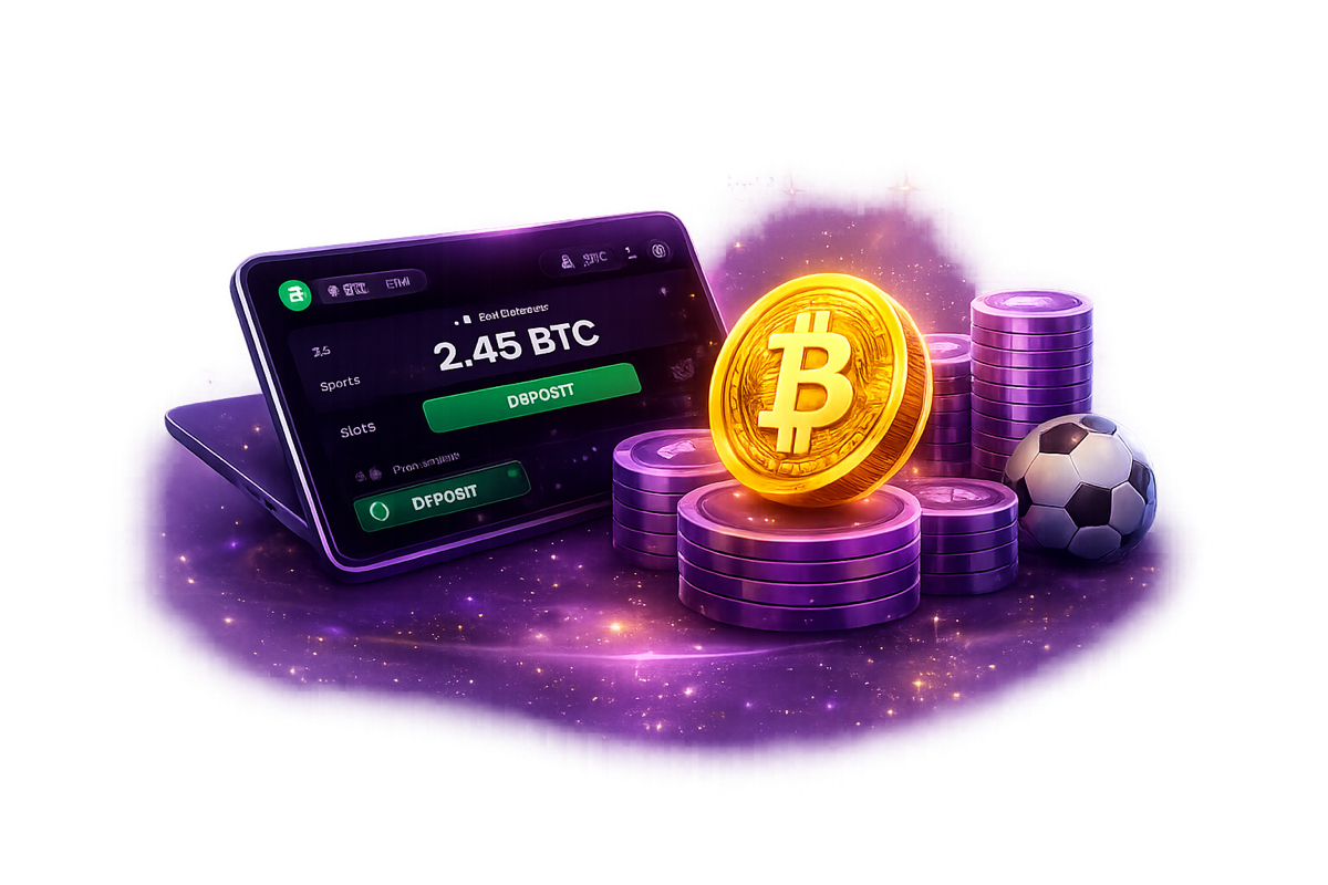 Laptop showing a crypto betting interface with a 2.45 BTC balance next to a golden Bitcoin coin, purple casino chips and a soccer ball