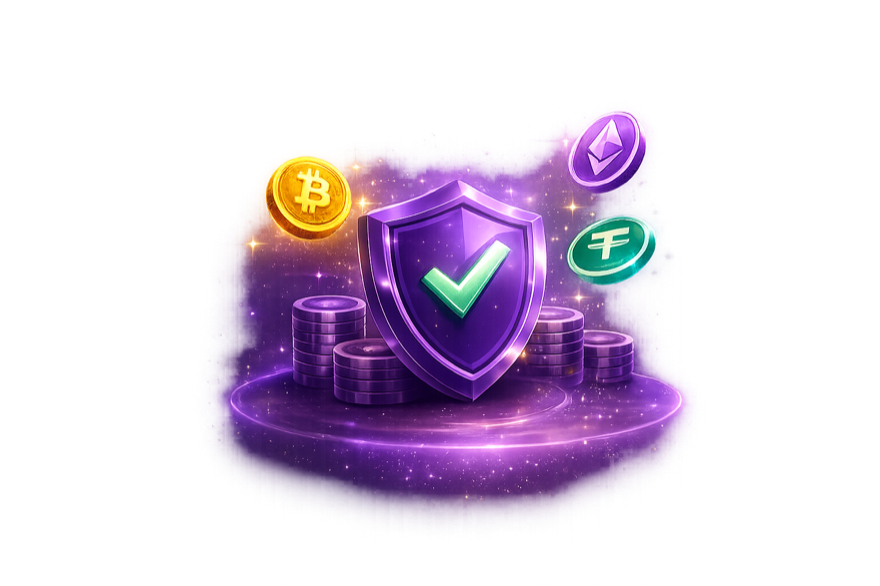 3D purple security shield with a checkmark on a glowing platform surrounded by Bitcoin, Ethereum and Tether coins