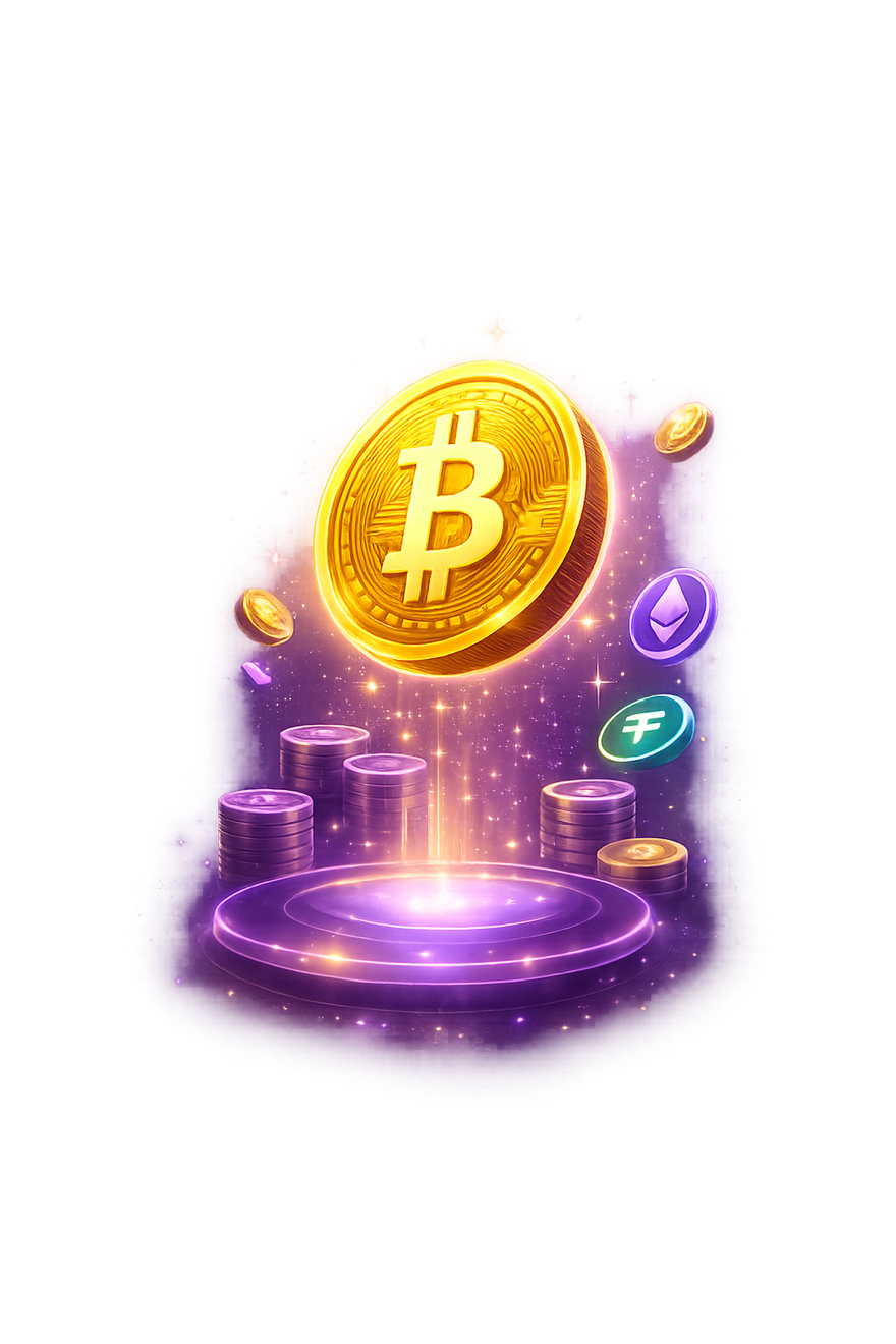 3D golden Bitcoin coin hovering above a glowing violet platform, surrounded by floating Ethereum, Tether and casino coins