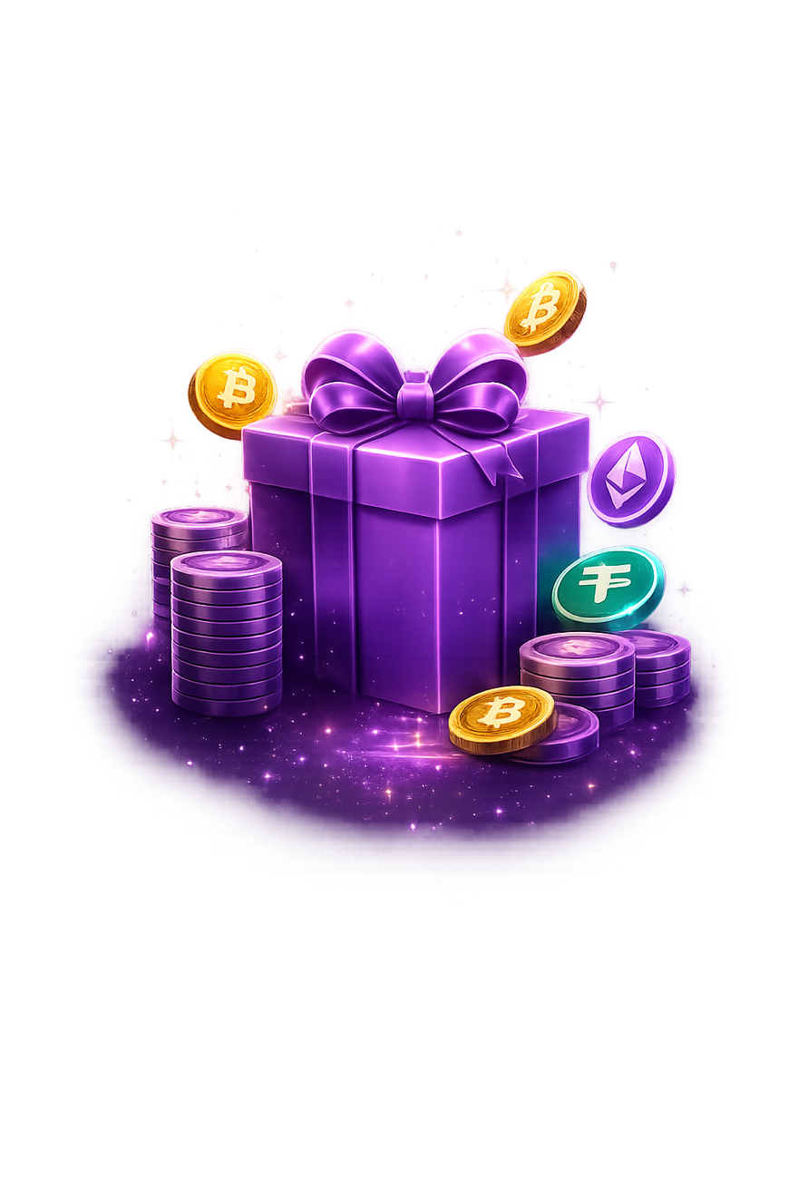 3D purple gift box with a ribbon surrounded by Bitcoin, Ethereum and Tether coins and purple casino chips