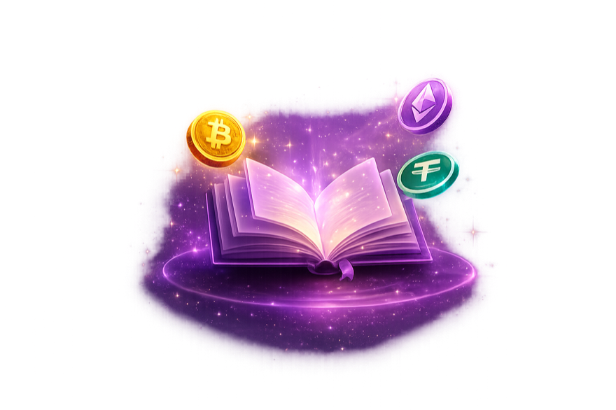 Open glowing purple book on a violet platform with floating Bitcoin, Ethereum and Tether coins