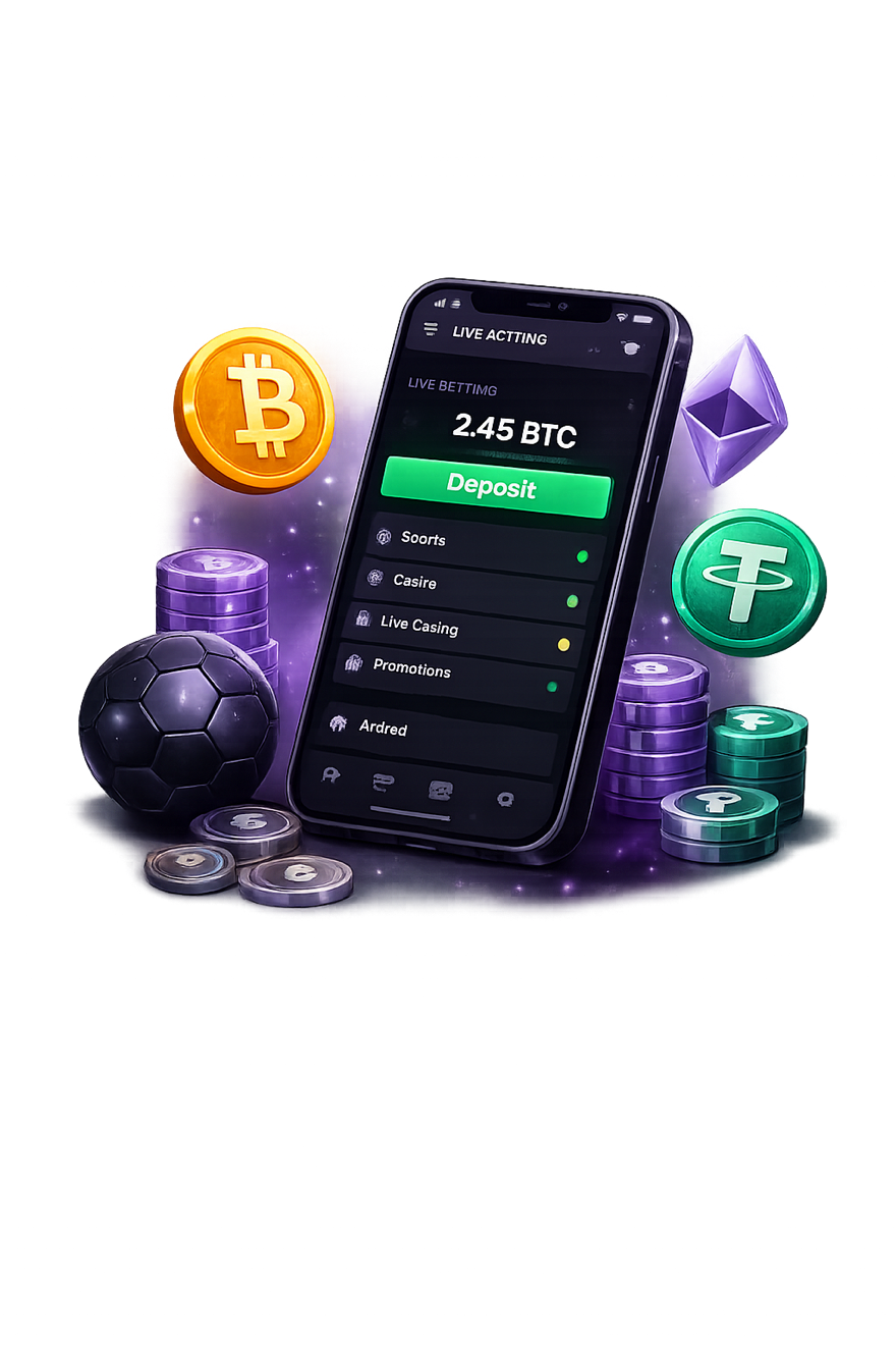 Crypto betting app on a phone surrounded by Bitcoin, Ethereum and Tether coins